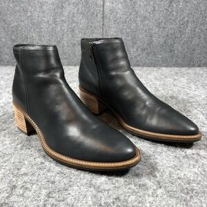 ECCO Womens 8-8.5 Black Leather Ankle Boots Block Heel Zip Comfort Booties